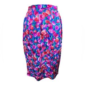 SALE VTG Bright Floral Print Silk Jacquard Pencil Skirt 80s 90s Dopamine Size 6